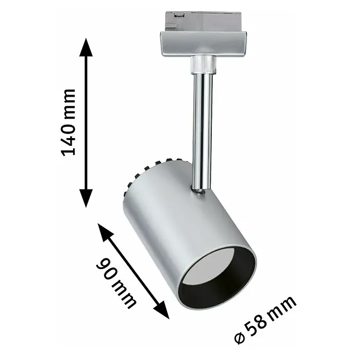 Paulmann URail LED-Leuchte Shine - L x B x H: 9 x 5,9 x 18 cm, 5 W, Chrom matt - Abbildung einer silberfarbenen LED-Schiene mit den Maßen 140 mm Höhe, 90 mm Länge und einem Durchmesser von 58 mm.