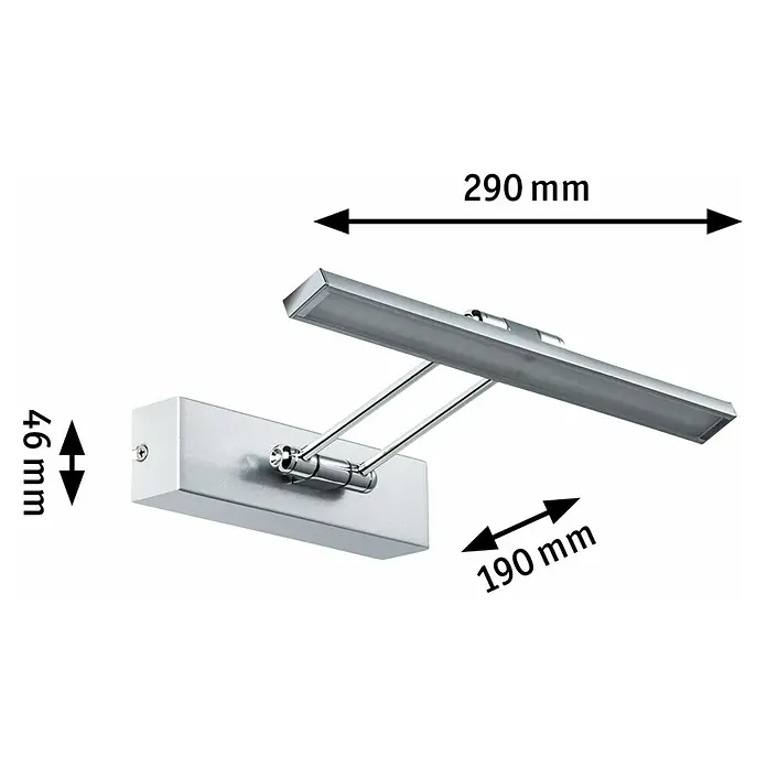 Paulmann Galeria LED-Bilderleuchte Beam Thirty - 5 W, L x B x H: 29 x 19 x 4,6 cm, Nickel gebürstet, Warmweiß - Abbildung einer modernen LED-Wandleuchte in Chromoptik mit Angaben zu den Abmessungen.