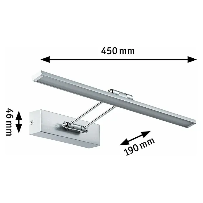 Paulmann Galeria LED-Bilderleuchte Beam Fifty - 7 W, L x B x H: 45 x 19 x 4,6 cm, Nickel gebürstet, Warmweiß - Produktbild einer silberfarbenen LED-Wandleuchte mit Maßen für Länge, Ausladung und Höhe der Montageplatte.
