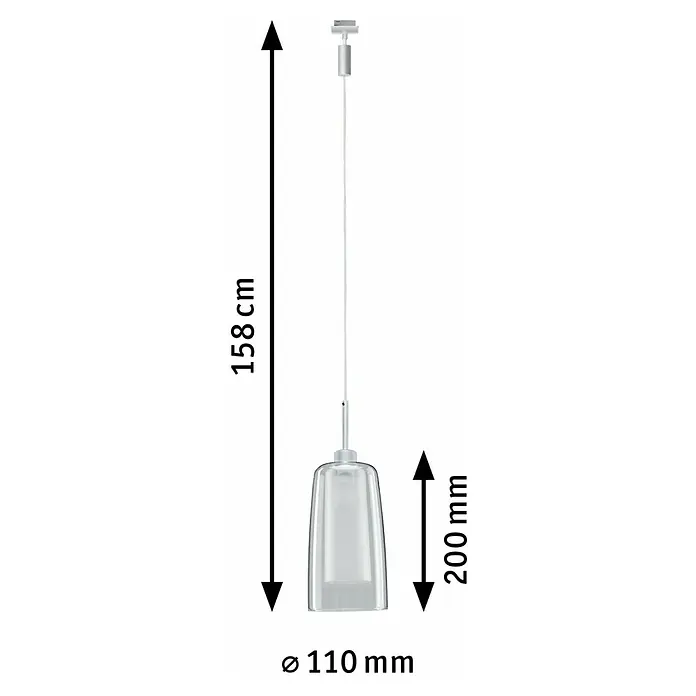 Paulmann URail Lámpara colgante LED Arido II - 5 W, Color de luz: Blanco cálido, Altura: 20 cm - Imagen de una lámpara colgante con pantalla transparente y suspensión plateada, con especificaciones dimensionales.