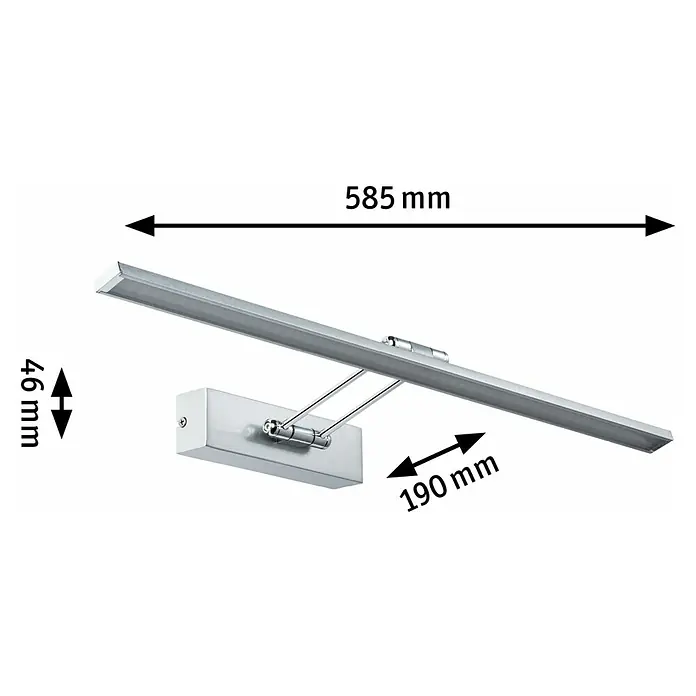 Paulmann Galeria LED-Bilderleuchte Beam Sixty - 11 W, L x B x H: 58,5 x 19 x 4,6 cm, Nickel gebürstet, Warmweiß - Produktabbildung einer silbernen Bilderleuchte mit den Maßen 585 mm Breite, 46 mm Höhe und 190 mm Ausladung.