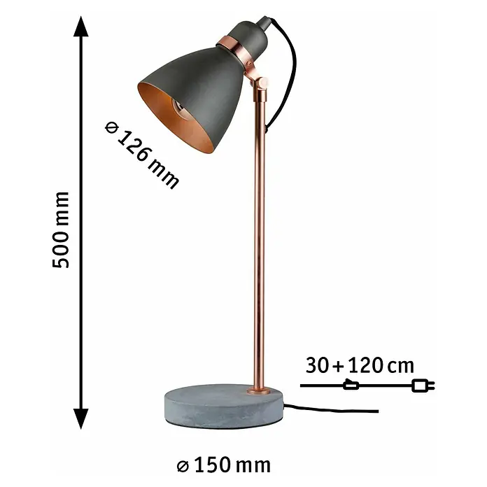 Paulmann Neordic Tischleuchte Orm - 20 W, Grau, Kupfer, E27 - Die stilvolle Tischleuchte mit Kupferakzenten und grauer Schirmfarbe ist 500 mm hoch und hat einen Durchmesser von 126 mm.