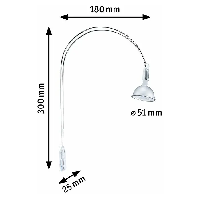 Paulmann Galeria LED-Spiegelleuchte II - 4 W, L x B x H: 18 x 2,5 x 30 cm, Chrom, Warmweiß - Abbildung einer kleinen, gebogenen Schreibtischlampe mit Clip und Maßangaben für Höhe, Breite und Lampenschirmdurchmesser.
