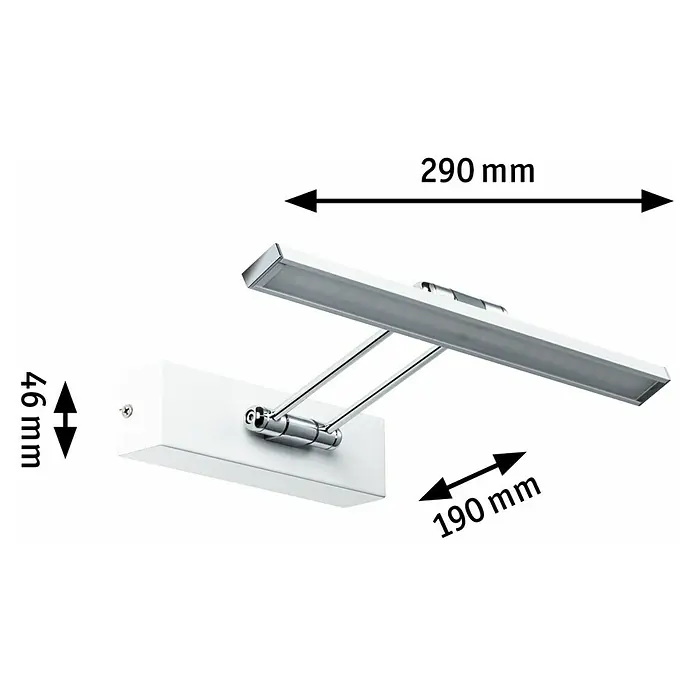Paulmann Galeria LED-Bilderleuchte Beam Thirty - 5 W, L x B x H: 29 x 19 x 4,6 cm, Weiß, Warmweiß - Produktbild einer silberfarbenen LED-Wandleuchte mit den Maßen 290 mm Breite und 46 mm Höhe.