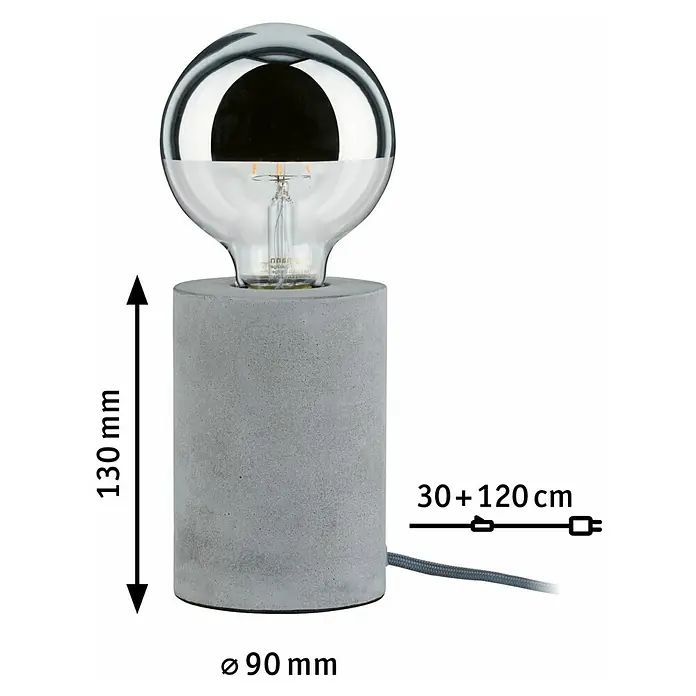 Paulmann Neordic Tischleuchte rund Mik - 20 W, Ø x H: 220 mm x 13 cm, Grau, E27 - Nahaufnahme der modernen Tischleuchte aus Beton mit einer verspiegelten Glühbirne, die ein warmes Licht ausstrahlt.