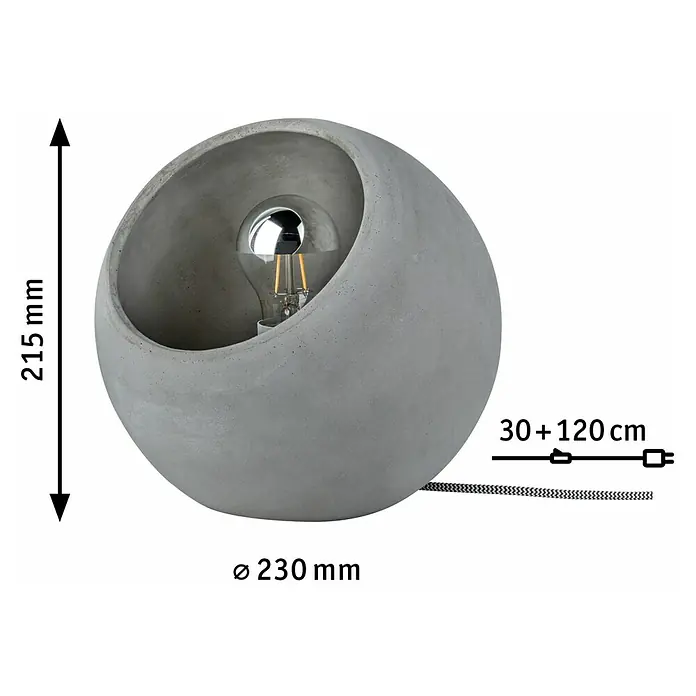 Paulmann Neordic Tischleuchte rund Ingram - 20 W, Ø x H: 230 mm x 21,5 cm, Grau, E27 - Produktbild einer modernen grauen Betonlampe mit den Maßen 215 mm Höhe und 230 mm Durchmesser. Die Kabellänge beträgt 30+120 cm.