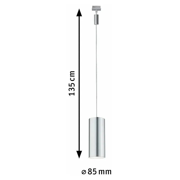 Paulmann URail LED-Pendelleuchte Barrel - 6 W, Lichtfarbe: Warmweiß, Höhe: 135 cm - Produktbild einer silbernen Pendelleuchte mit den Maßen 135 cm Höhe und 85 mm Durchmesser. Elegantes Design für moderne Innenräume.