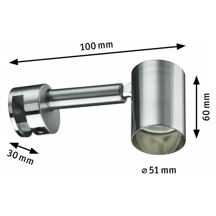 Paulmann Galeria LED-Spiegelleuchte Simplo - 5,3 W, L x B x H: 10 x 3 x 6 cm, Silber, Warmweiß - Produktbild einer modernen Wandleuchte aus Metall mit Maßangaben. Das Design ist zylindrisch und minimalistisch.