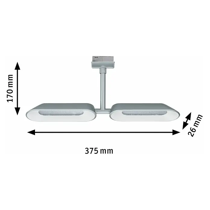 Paulmann URail Regleta LED para riel Dipper - 16 W - Imagen del producto: Lámpara doble plateada con dimensiones de 375 mm (longitud), 170 mm (altura) y 26 mm (ancho) para una iluminación óptima.
