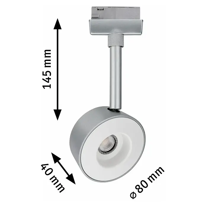 Paulmann URail Foco LED para riel Pellet - 4 W, Color de luz: Blanco cálido - Imagen de un foco de techo LED plateado con dimensiones de 145 mm de altura, 80 mm de diámetro y 40 mm de profundidad.