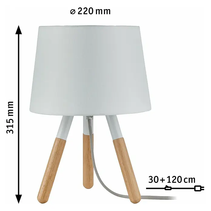 Paulmann Neordic Tischleuchte Berit - 20 W, Hellbraun, E27 - Eine moderne Tischleuchte mit einem weißen Lampenschirm und einem Holzfuß. Die Lampe ist 315 mm hoch und hat einen Durchmesser von 220 mm.
