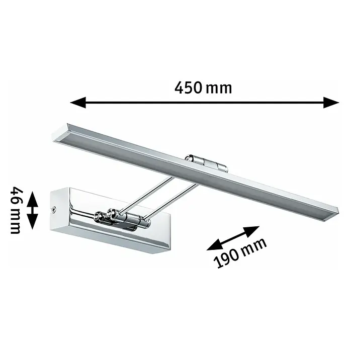 Paulmann Galeria LED-Bilderleuchte Beam Fifty - 7 W, L x B x H: 45 x 19 x 4,6 cm, Chrom, Warmweiß - Abbildung einer verstellbaren LED-Bilderleuchte in Chromoptik mit den Maßen 450 mm Länge, 46 mm Höhe und 190 mm Tiefe.