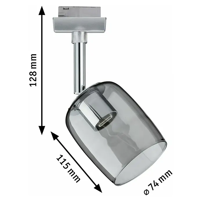 Paulmann URail Foco LED para riel Blossom - 10 W, Transparente/Negro, G9, 1 ud. - Imagen del producto de una lámpara de techo gris con dimensiones de 128 mm de altura, 115 mm de longitud y 74 mm de diámetro.