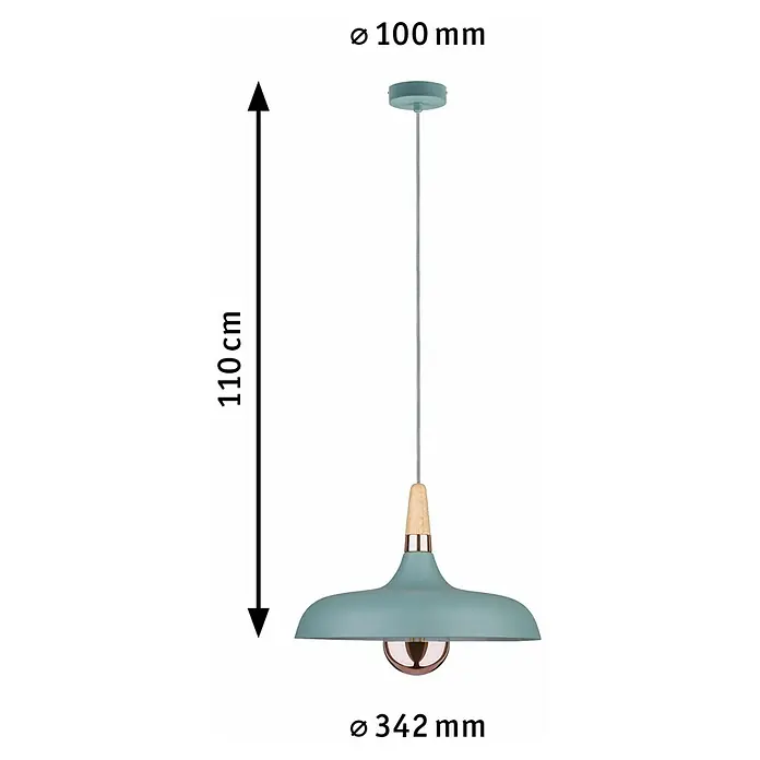 Paulmann Neordic Lámpara colgante Juna - Altura: 34,2 cm - Imagen de una lámpara colgante verde con detalle de madera y dimensiones Ø 100 mm y Ø 342 mm, altura 110 cm.