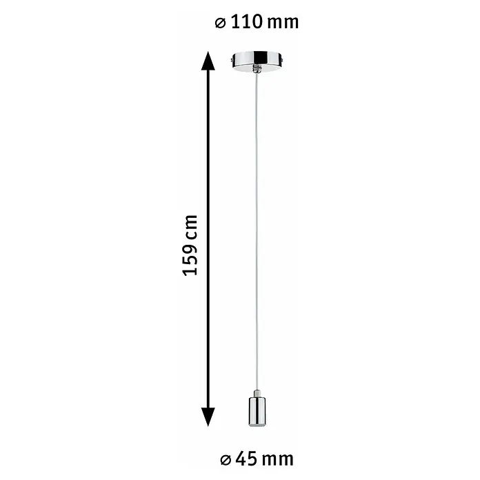 Paulmann Lámpara colgante Larus - Altura: 159 cm, Plateado, E27, IP44 - Ilustración de una lámpara colgante con dimensiones: diámetro superior 110 mm, longitud 159 cm, diámetro inferior 45 mm.