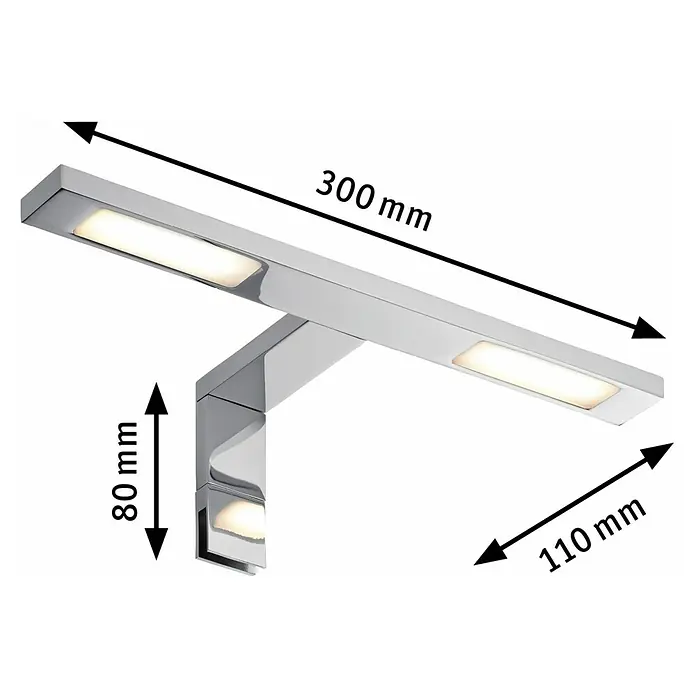 Paulmann Galeria Aplique LED para espejo Double Hook - 6,4 W, L x An x Al: 30 x 11 x 8 cm, Cromo, Blanco cálido - Primer plano de una moderna luz de pared LED cromada rectangular con dimensiones, perfecta para baños.