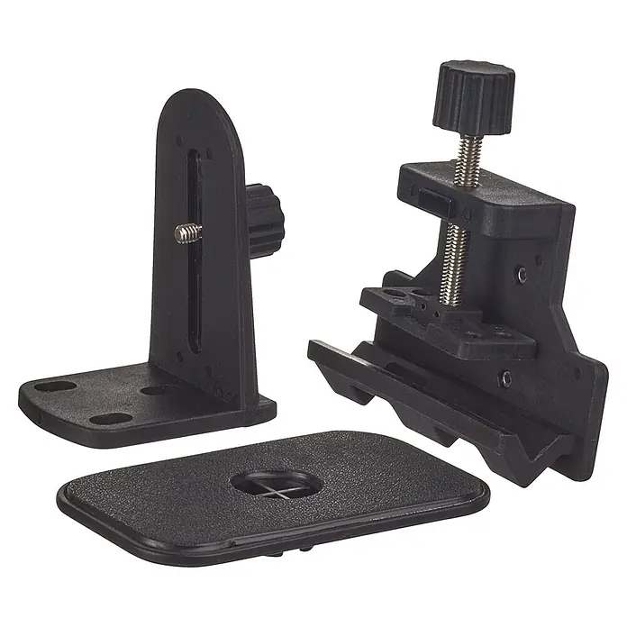 Ryobi Teleskopstange RBCLTP1 - 3 -tlg., Arbeitshöhe: 124 cm - 320 cm - Produktbild von einem schwarzen Laser-Wasserwaagen-Halterungsset mit verstellbarer Klemme und Montageplatte.