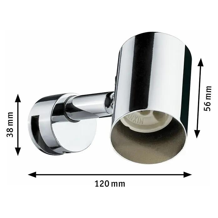 Paulmann Aplique para espejo Mintaka - 20 W, L x An x Al: 12 x 5,6 x 3,8 cm, Cromo - Primer plano de una lámpara de pared cromada con indicaciones de tamaño que resaltan las dimensiones.