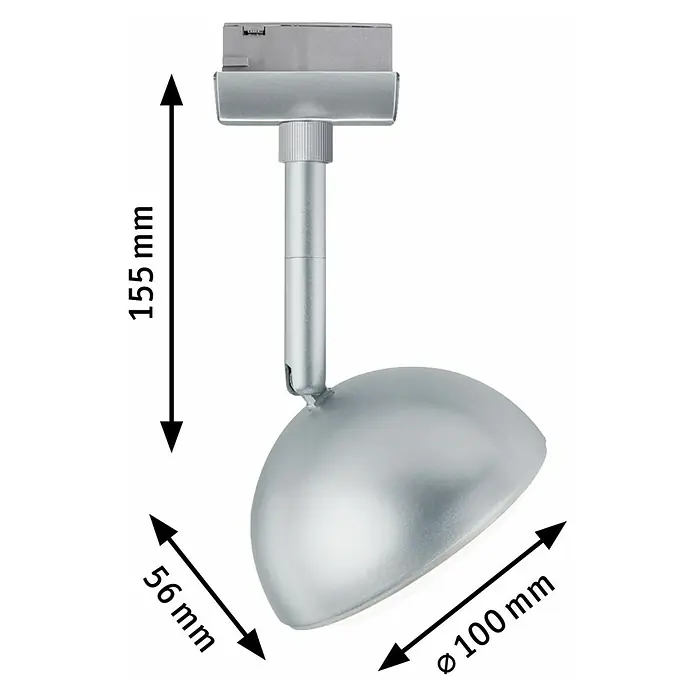 Paulmann URail Foco LED para riel Hemi - 5 W, Cromado mate, L x An x Al: 5,6 x 10 x 17 cm - Imagen del producto de una lámpara de techo LED plateada con dimensiones de 155 mm de altura, 56 mm de ancho y 100 mm de diámetro.