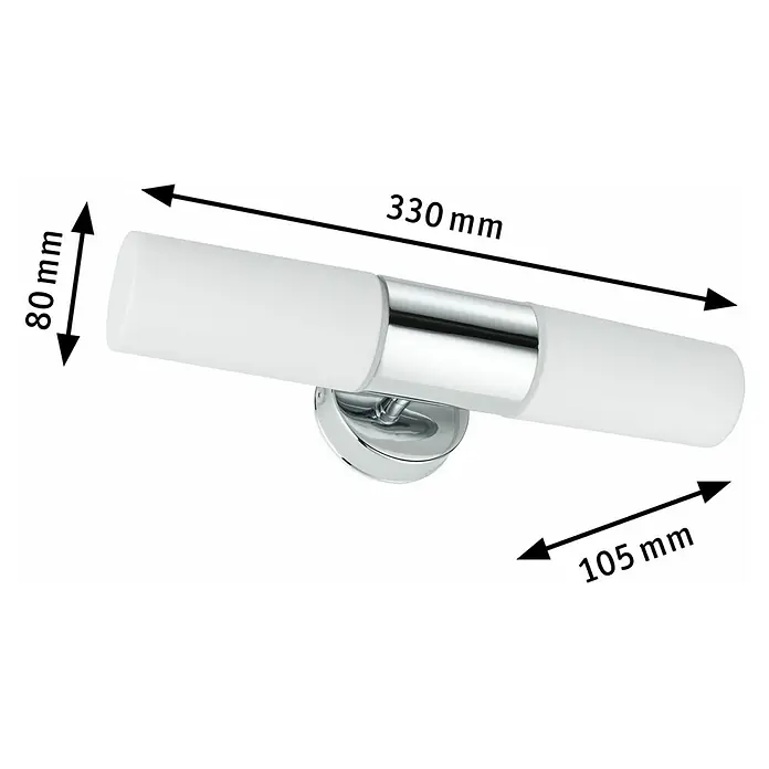 Paulmann Aplique para espejo Lenia - L x An x Al: 10,5 x 33 x 8 cm - La imagen muestra un aplique de pared moderno de doble brazo con dimensiones, ideal para baños.