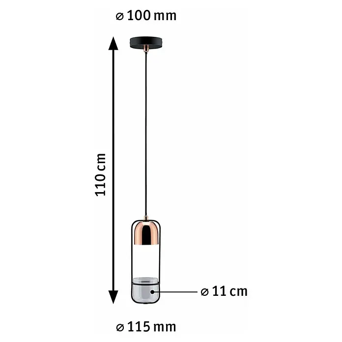 Paulmann Fanja Lámpara colgante Neordic - 20 W, Negro/Cobre, GU10 - Imagen del producto de una lámpara colgante con unas dimensiones de 110 cm de altura, 100 mm de diámetro del soporte de techo y 115 mm de diámetro de la pantalla.