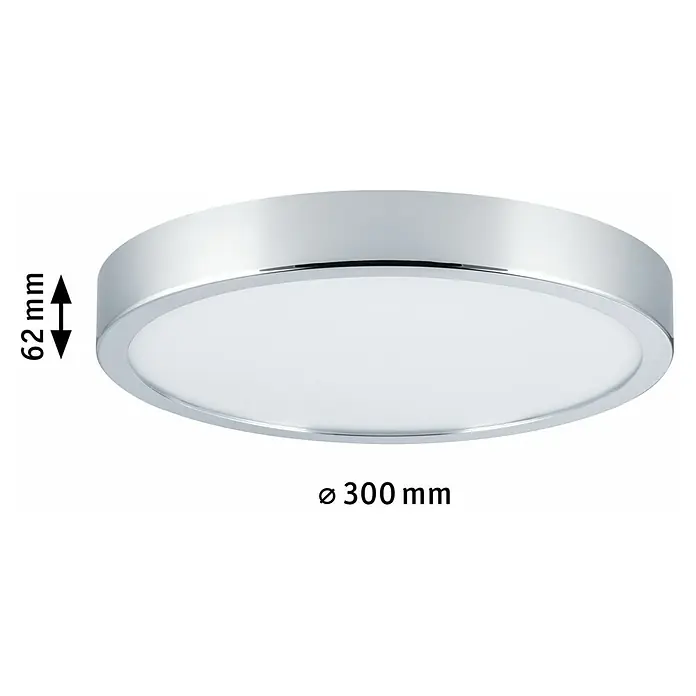 Paulmann LED-Deckenleuchte rund Aviar - 20 W, Ø x H: 300 mm x 6,2 cm, Chrom - Abbildung einer runden LED-Deckenleuchte mit Chromrand und den Maßen: 300 mm Durchmesser und 62 mm Höhe.