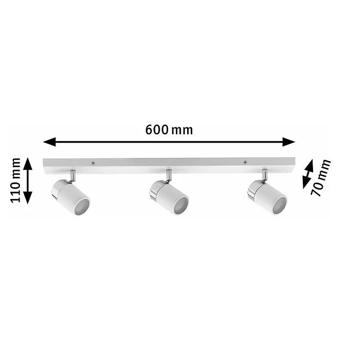 Paulmann Wandstrahler Zyli - 30 W, L x B x H: 7 x 60 x 11 cm, Weiß/Chrom, GU10, Anzahl Leuchtmittel: 3 Stk. - Abbildung einer weißen Dreifach-Deckenleuchte mit den Maßen 600 mm Breite und 110 mm Höhe.