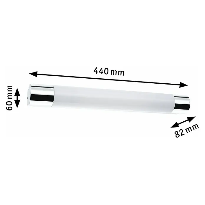 Paulmann LED-Spiegelleuchte Orgon - L x B x H: 8,2 x 44 x 6 cm - Produktabbildung einer LED-Röhre mit Maßangaben, ideal für moderne Beleuchtungslösungen und energieeffizientes Design.