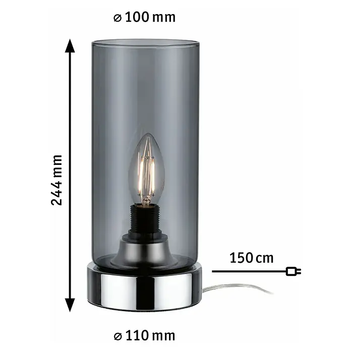 Paulmann Lámpara de sobremesa Pinja - 20 W, L x An x Al: 11 cm x 11 mm x 24,4 cm, Humo, Cromo, E14 - Imagen del producto de una lámpara de mesa gris con dimensiones altura 244 mm, diámetro superior 100 mm, diámetro inferior 110 mm y longitud de cable 150 cm.