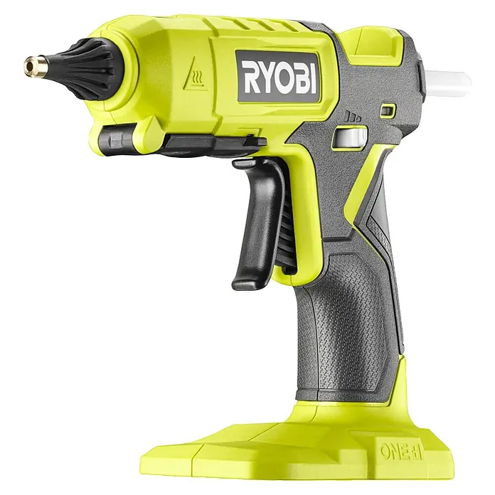 Ryobi ONE+ Akku-Heißklebepistole RGL18-0 - 18 V, Ohne Akku, 130 °C - 200 °C - Das Bild zeigt eine Ryobi ONE+ Akku-Heißklebepistole in Gelb und Schwarz. Ideal für Bastelarbeiten und Reparaturen.