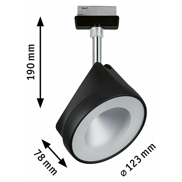 Paulmann URail Foco LED para riel Arena - 14 W, Negro, 78 x 123 x 191 mm, Blanco neutro - La imagen muestra un foco negro con detalles plateados, que mide 190 mm de altura, 78 mm de profundidad y 123 mm de diámetro.