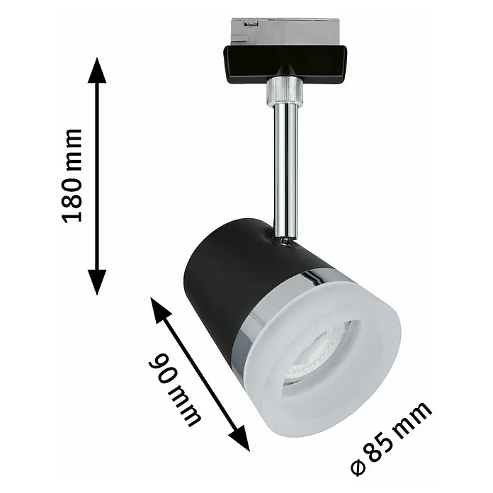 Paulmann URail Spot Cone - Ø x H: 8,5 x 18 cm, GU10, Ohne Leuchtmittel, Schwarz, Chrom - Produktbild einer schwarzen Lampe mit den Maßen 180mm Höhe, 90mm Länge und 85mm Durchmesser.