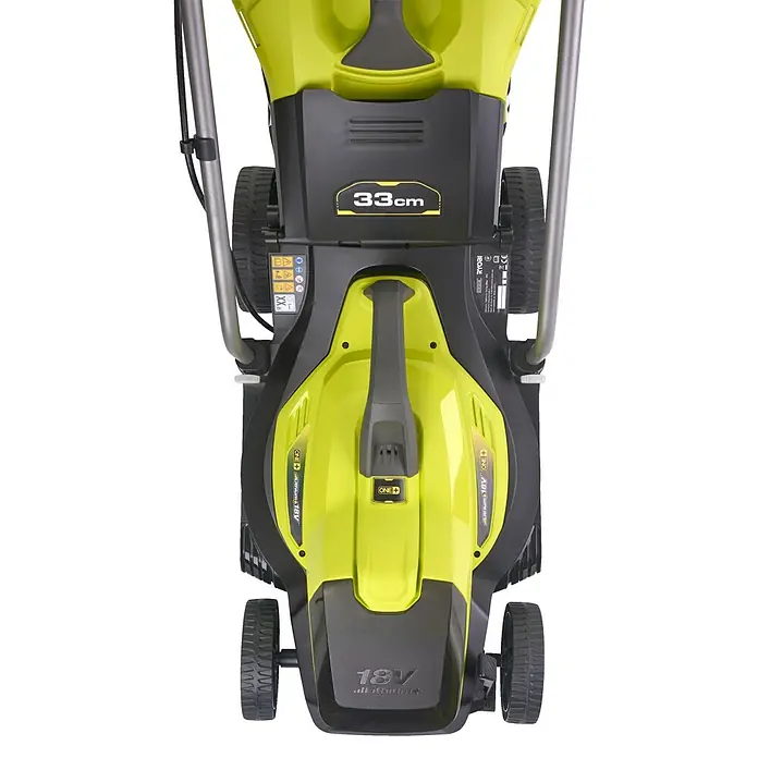 Ryobi ONE+ Cortacésped de batería RLM18X33B40 - 18 V, 1 batería, 4 Ah, Ancho de corte: 33 mm - Un cortacésped inalámbrico Ryobi ONE+ verde con un ancho de corte de 33 cm y una batería de litio+ de 18 V para cortar el césped sin cable.