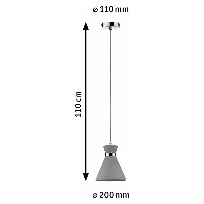 Paulmann Lámpara colgante Verve - 20 W, Cromo, E27 - Imagen de una lámpara colgante gris elegante con dimensiones de 110 cm de altura y 110 mm/200 mm de diámetro.
