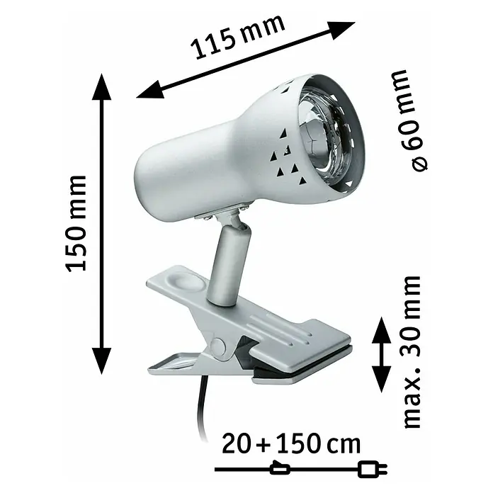 Paulmann Klemmspot Gryps - 40 W, Silber - Das Bild zeigt eine silberne Klemmleuchte mit den Maßen 115 mm Breite, 150 mm Höhe und einem Durchmesser von 60 mm. Die Klemme ist maximal 30 mm breit.