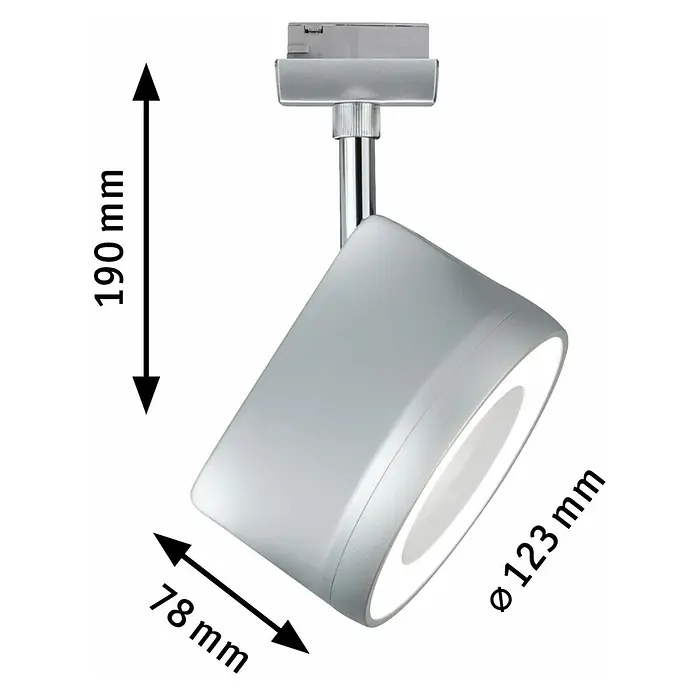 Paulmann URail Foco LED para riel Arena - L x An x Al: 7,8 x 12,3 x 19,1 cm, Cromo, 15 W - Imagen de un foco de carril LED plateado con dimensiones. Altura de 190 mm, diámetro de 123 mm y ancho de 78 mm.