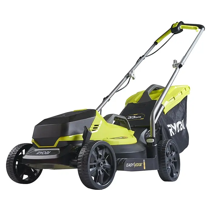 Ryobi ONE+ Cortacésped de batería RLM18X33B40 - 18 V, 1 batería, 4 Ah, Ancho de corte: 33 mm - Un cortacésped Ryobi con cesto de recogida, perfecto para céspedes pequeños y medianos. Corte sin esfuerzo gracias al diseño ligero.