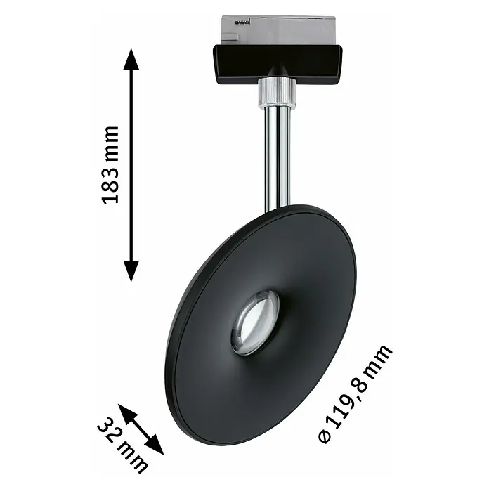 Paulmann URail Foco LED para riel Esférico - Negro, L x An x Al: 32 x 119,8 x 183 mm - Imagen de un foco de techo negro con barra cromada y detalles de las dimensiones.
