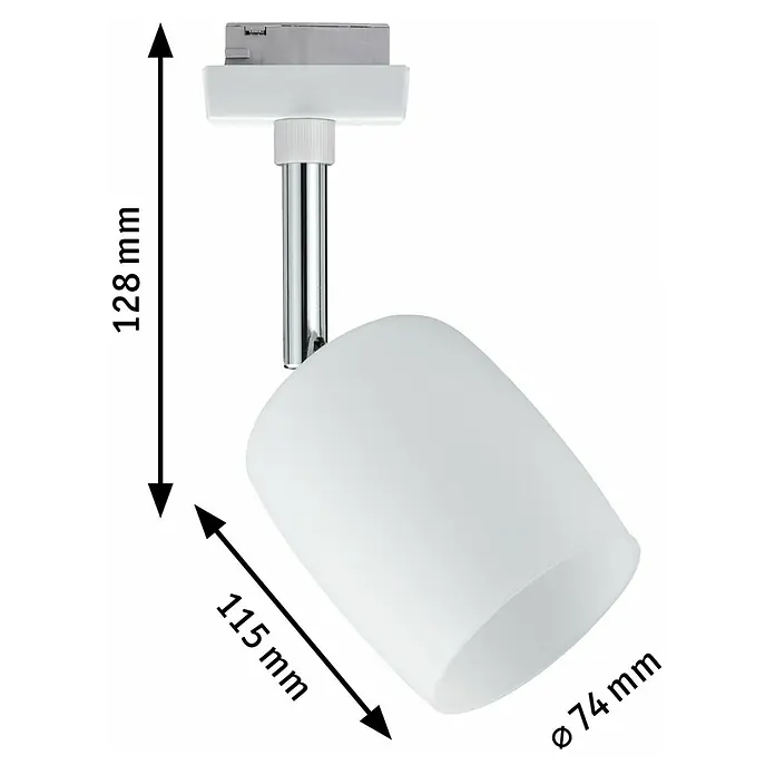Paulmann URail Foco LED para riel Blossom - 10 W, Blanco, G9, 1 ud. - Vista del producto de una lámpara de techo blanca con dimensiones de 128 mm de altura, 115 mm de longitud y 74 mm de diámetro para uso interior.