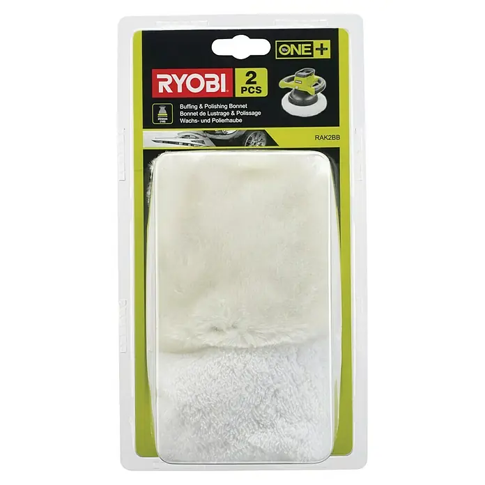 Ryobi ONE+ Polierrad RAK2BB - Passend für: RBP18250-0, 2 Stk., Durchmesser: 250 mm - Bild einer Ryobi-Verpackung mit zwei Polierhauben für Poliermaschinen, ideal zum Polieren von Autos und anderen Oberflächen.