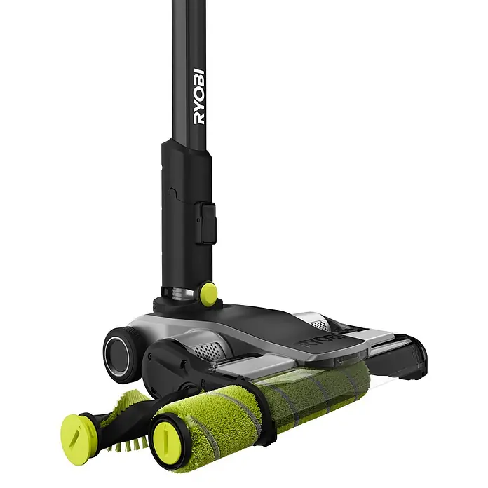Ryobi ONE+HP Akku-Staubsauger RSV18X1-018 V, Ohne Akku, Behältervolumen: 0,8 l - Abbildung eines Ryobi Akku-Bodenreinigers mit rotierenden Bürsten und einem schlanken, modernen Design vor einem schwarzen Hintergrund.