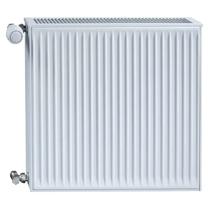 Austauschheizkörper - B x H: 800 x 550 mm, Wärmeleistung bei Vorlauftemperatur von 75 °C (D: 50): 1.295 W, Typ Heizkörper: 22 - Heizkörper: Ein weißer Heizkörper mit Rippenstruktur und Thermostatventil, ideal für effiziente Raumheizung und modernes Design.