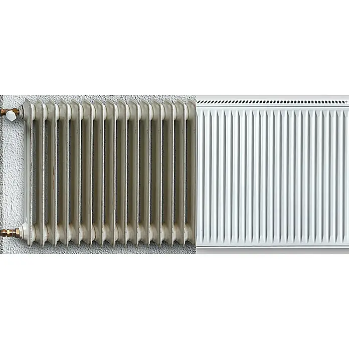 Austauschheizkörper - B x H: 800 x 550 mm, Wärmeleistung bei Vorlauftemperatur von 75 °C (D: 50): 1.295 W, Typ Heizkörper: 22 - Vergleich von Heizkörpern: Ein älterer Gussheizkörper neben einem modernen Plattenheizkörper, die Unterschiede in Design und Effizienz aufzeigen.