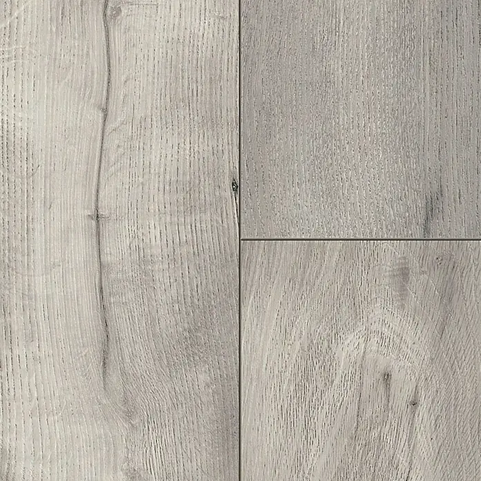 LOGOCLIC Aquaprotect Laminatmuster Tasso Oak - 297 x 245 x 8 mm, Landhausdiele - Nahaufnahme von hellem, grauem Laminatboden mit Maserung und natürlicher Holzoptik, ideal für moderne Wohnräume.