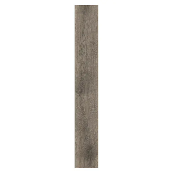 Krono Original Laminatmuster Atlantic 12 Steelworks Oak - 297 x 192 x 12 mm, Landhausdiele, Steelworks Oak - Detailaufnahme einer graubraunen Vinyl-Bodenfliese mit Maserung, perfekt für stilvolle Innenräume.