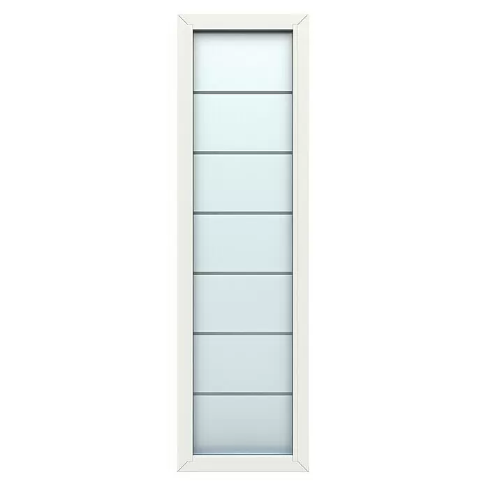 Gerda Seitenteil Altus Kyoto - 60 x 210 cm, Verkehrsweiß, Sandgestrahlt mit Klarstreifen - Weiß umrahmte Tür mit horizontalen, lichtfilternden Paneelen.