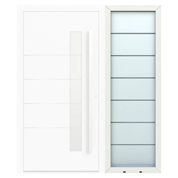 Gerda Seitenteil Altus Kyoto - 70 x 210 cm, Verkehrsweiß, Sandgestrahlt mit Klarstreifen - Weißes Vertikal-Fenster/Tür mit mehreren Milchglasscheiben und schwarzen Griffen.