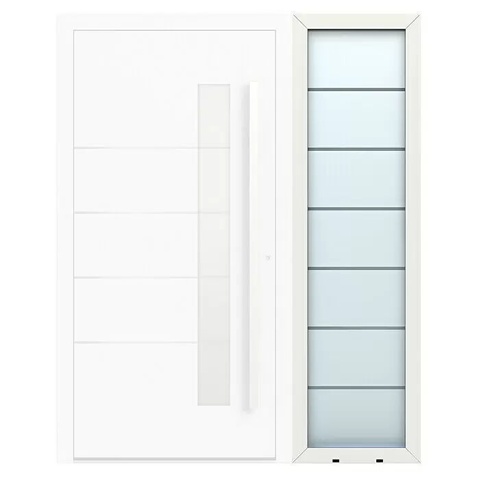 Gerda Seitenteil Altus Kyoto - 60 x 210 cm, Verkehrsweiß, Sandgestrahlt mit Klarstreifen - Weißes Türpaneel mit durchscheinendem Glas und horizontalen Trennstegen.