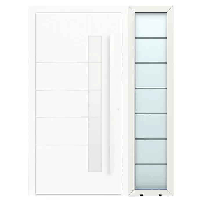 Gerda Seitenteil Altus Kyoto - 50 x 210 cm, Verkehrsweiß, Sandgestrahlt mit Klarstreifen - Weißes Türpaneel mit hohem, schmalem Fenster und mehreren horizontalen Milchglasscheiben.