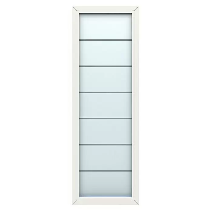 Gerda Seitenteil Altus Kyoto - 70 x 210 cm, Verkehrsweiß, Sandgestrahlt mit Klarstreifen - Weißer Türflügel mit sechs horizontalen Milchglasscheiben.